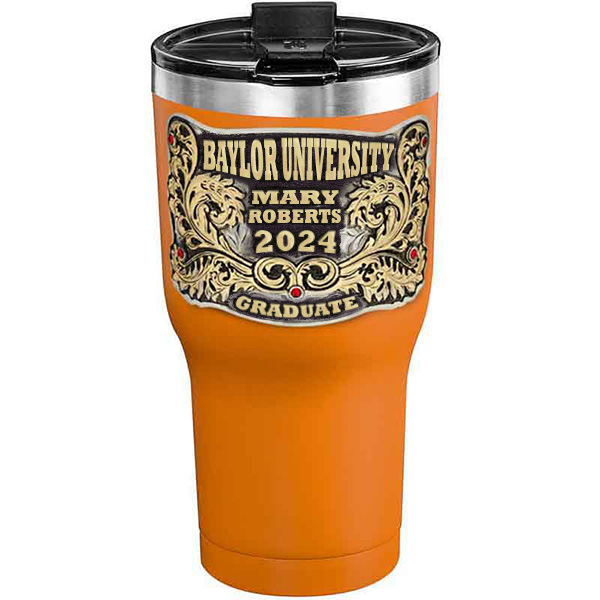 A customized tumbler made of stainless steel with a personalized engraved name and Baylor University lettering, 30 oz, ideal for coffee or cool drinks